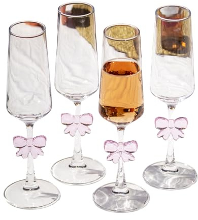 Darthome Set of 4 Pink Bow Champagne Flute Glasses, Clear Glass, 225ml, Stemmed, for Prosecco, Weddings and Special Occasions