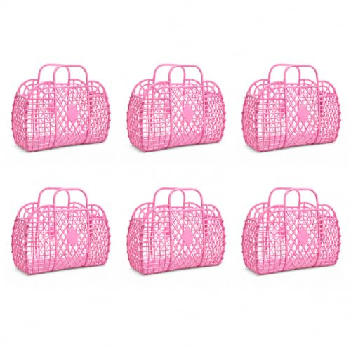 FERNVALE 6Pcs Retro Style Jelly Tote Bag 22x10x22.5cm PVC Beach Shopper Basket Reusable Mesh Storage Caddy Retro Shopping Bag Bathroom Tidy Organizer Peg Bag Storage for Toys Picnic Shower