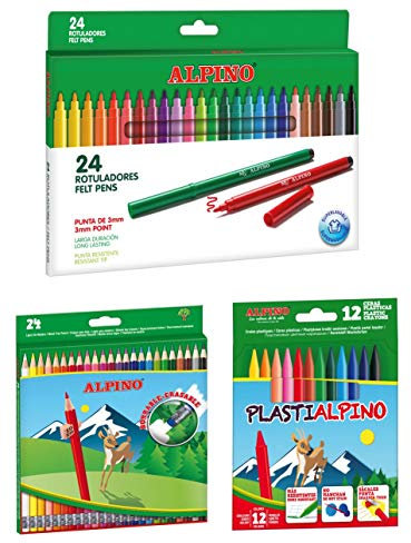 Alpino escolar pack: 24 lápices de colores borrables + 24 rotuladores + estuche con 12 ceras