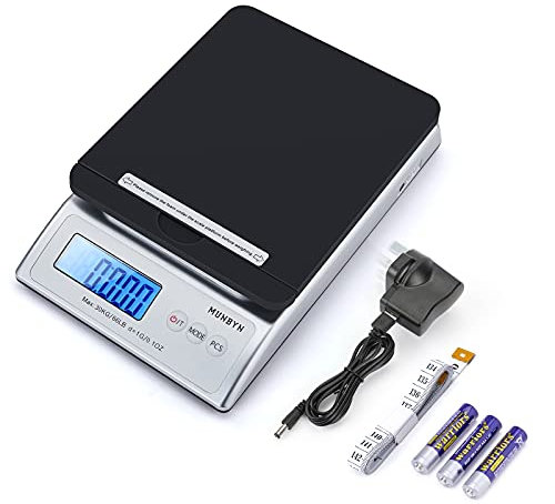 MUNBYN Paketwaage Versand Digitale Postwaage Paketversandwaage 30 kg elektronische Postwaage mit Halte- und Reißfunktion inkl. Maßband AC-Adapter und 1,5 Vx3AAA
