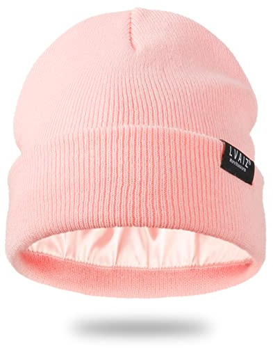 Satinfodrad vintermössa hattar för kvinnor unisex bomull stickad stickad manschett stickad mössa med silkeslent foder slouchy skalle keps, Rosa, one size