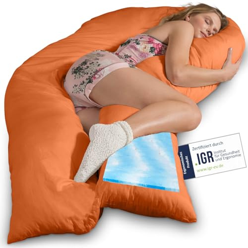 Traumreiter Visco XXL Seitenschläferkissen mit Bezug Terracotta | Hybrid Kissen + 1cm Memory Foam I U förmiges Schwangerschaftskissen Gel Body Pillow I Lagerungskissen Ergonomie Zertifiziert