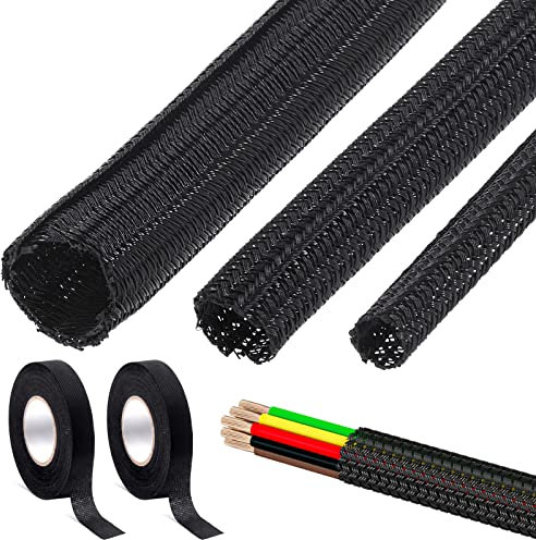 Tanstic 5Pcs 3/4+1/2+1/4 Inch Braided Cable Sleeve with Wire Loom Harness Tape, Cord Protector Wire Loom Tubing Cable Sleeve Split Sleeving Braided Sleeving for Computer USB Audio Video Cable