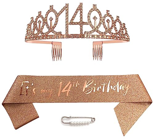 Ceqiny 14. Geburtstag Schärpe Und Tiara, Krone 14 Roségold Kristall Geburtstagkrone Set,Rose Gold Geburtstagskrone Schärpe Deko Birthday Crown für Mädchen Frauen Birthday Party Accessoires
