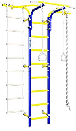 Sprossenwand Erwachsene Zuhause | Kletterwand mit klimmzugstange aus Metall und zubehör (Blau-Gelb)