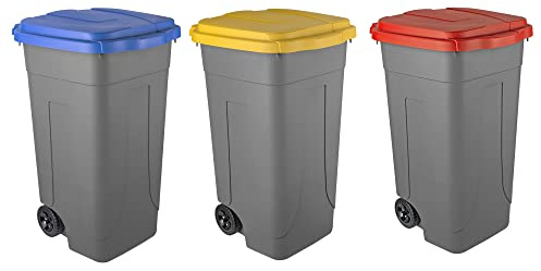 Eplastic - Set 3 Bidoni Raccolta Differenziata 80L | Contenitori Rifiuti con Coperchi Colorati (Blu, Giallo, Rosso) | Pattumiere Ecologiche per Casa e Ufficio - Corpo Grigio Resistente