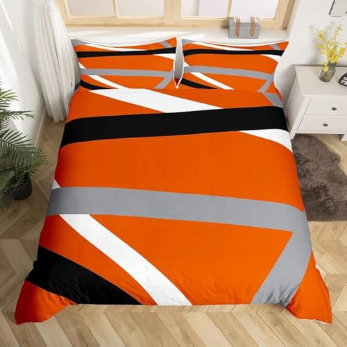 Orange Black Gray Stripes Bedding Set Double Modern Abstract Geometric Comforter Cover Set for Women Men Lines Duvet Cover Breathable Bedspread Cover Quilt Cover