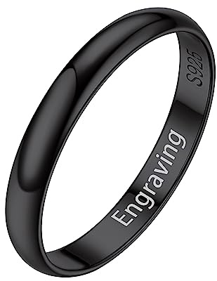 Silvora Dünne Damen Ringe 925 Silber Schlichter Herren Damen Ehering Verlobungsring mit Textgravur 3mm breit Schwarzer Vorsteckring Fingerring Ringgröße 57(18) Modeschmuck Accessoires