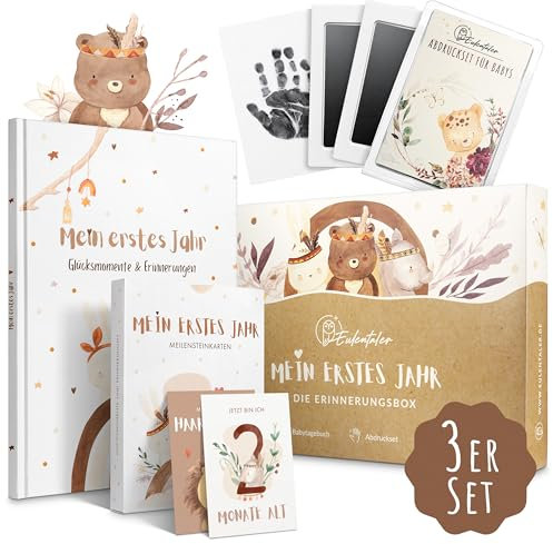 EULENTALER® Mein erstes Jahr I Die Erinnerungsbox 3in1 Sparset I Von Pädagogen gestaltet I Babyalbum, Meilensteinkarten, Baby Abdruckset I Geschenke zur Geburt & Babyparty I Für Jungen & Mädchen