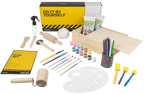 DIBYS Töpfer-Set für Kinder | Mit Ton lufttrocknend & weiß, Holzwerkzeug, Farben, Pinsel & Anleitung | Kreatives DIY-Set mit Box zum Basteln & Bemalen | Geschenk-Ideen für Mädchen & Jungen