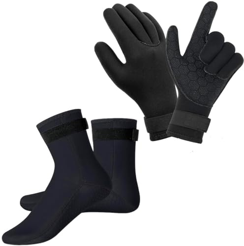 Wsobue Neoprene Gloves and Socks, 3mm Thermal Diving Gloves Wetsuit Socks, Sand Proof Beach Socks Water Gloves for Diving, Surfing, Kayaking Rafting (Medium)