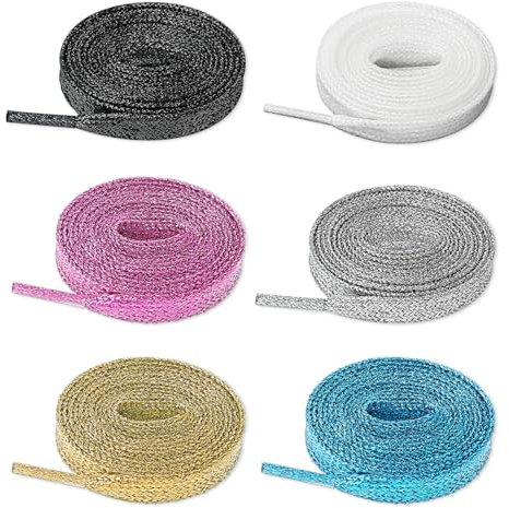 Teaaha 6 par glitter platta skosnören, glitter skosnören, stretchiga metalliska glitter, fasta färger, platta skosnören för sneakers, skridskoåkning, stövlar sport, 110 cm