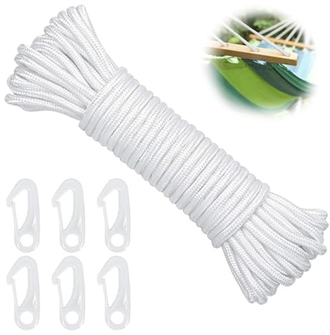 Nylon-Fahnenmast-Seil, 15 m, 6 mm, doppelt geflochtenes Nylon-Fahnenmast-Seil, Nylon-Fahnenmast-Seil mit 6 Haken-Clips für Outdoor-hängende Kleidung, gebündelt, Segeln, Takelage, Garten, Camping