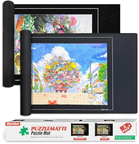 Nariolar Jigsaw Puzzle Mat Roll Up – 47 x 26 Inch Portable Non-Slip Rubber & Felt Mat for 500/1000/1500 Piece Puzzles, Pack of 2 Mats