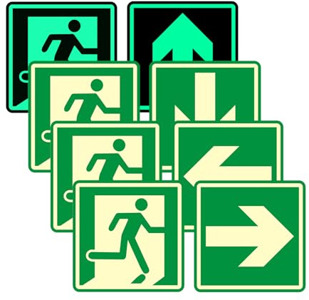 Acuxiaza 8 Pieces PVC Exit Sign with Direction Arrow Signs 150 x 150 mm Emergency Exit Signs Glow In The Dark Fire Exit Signage Emergency Exit Sign Sticker, Self Adhesive Vinyl（Green）