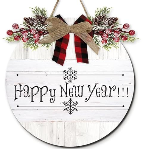Horienteeon Holzschild Happy New Year für Haustür, Veranda, rustikales Bauernhaus, Winter, Willkommens-Holz-Türhänger für Outdoor-Dekoration, rustikaler Neujahrskranz, Wandbehang, Dekoration, 30 cm