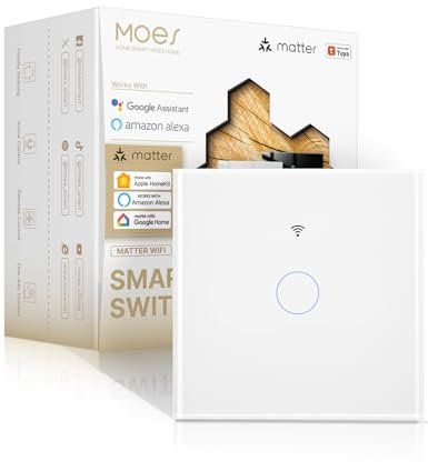 MOES Interrupteur Tactile Intelligent Matter Wi-Fi, Synchronisation Bidirectionnelle, Fil Neutre Requis, Compatible avec Alexa/Apple Home/Google Home/SmartThings, Contrôle par Tuya, 1 Gang
