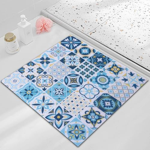 OPLERT Anti-Rutsch-Duschmatte, weicher Komfort, schnell trocknende Badematte, PVC Luffa-Duschmatten, mit Entwässerungslöchern für das Badezimmer,Blau,60x60cm