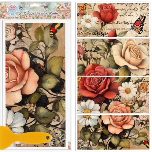 GLOBLELAND 4 Blatt Vintage Blumen Transferfolien Zum Aufreiben Rosen Gänseblümchen Möbeldekor Transferfolien Vintage Wörter Schmetterlings Aufkleber Für Schlafzimmer Schreibtisch Tischdekoration