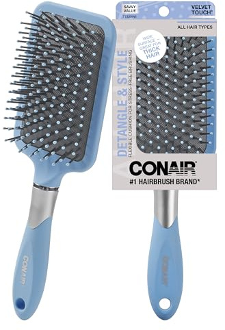 Conair Velvet Touch Paddle Cushion hair brush - Detangling hairbrush - curly or straight styles - men or women - detangler - features soft touch handle - Sky Blue