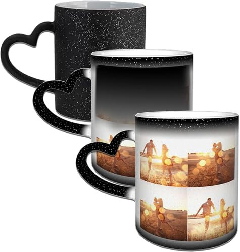 Tasse à café magique sensible à la chaleur avec poignée en forme de cœur, personnalisation photo, céramique noire (noir étoilé)