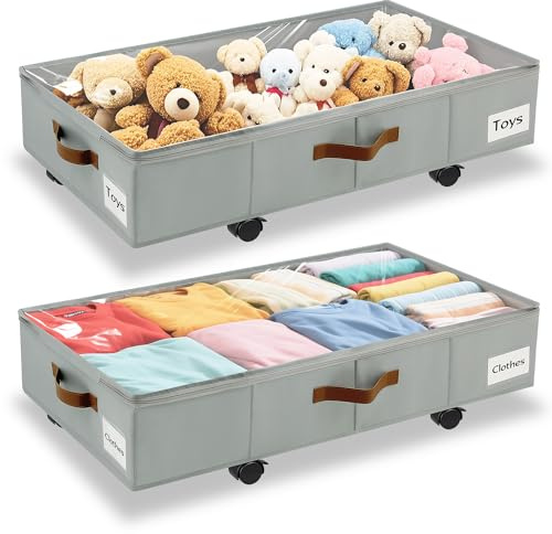 2 Pack Under Bed Storage with Wheels – 30.5×17×5.5 Inch, Underbed Storage with Sturdy Sidewalls/Bottom, Clear Cover, Label and PU Handle, Rolling Under Bed Drawers for Clothes, Shoes, Toys, Blankets
