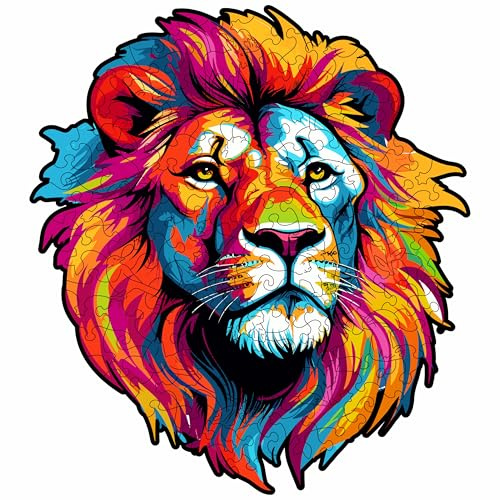 Touchwood - Puzzle Brave Lion, puzzle in legno di leone, 140 pezzi di forma irregolare e astratta o con forma di oggetti e animali, contenuti in caratteristica confezione in legno