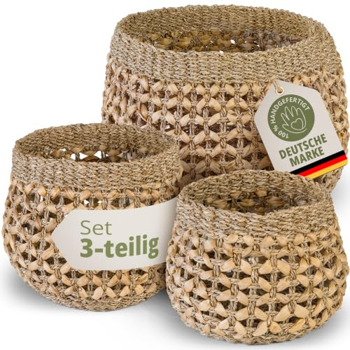 TERRAVIEN Korb Pflanzenübertopf 3er Set aus Seegras & Wasserhyazinthe | Handgeflochtener Blumenübertopf im 3er Set (S, M, L) für Zimmerpflanzen – Boho Pflanzkorb & Aufbewahrungskorb