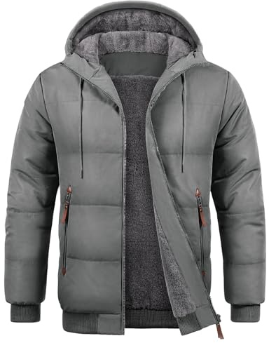 TOMEEK Men's Jackets Warm Fleece Lined Winter Men's Coats Hood Water Repellent Outdoor Fleece Jackets Full Zip Thermal Jacket with Multi-Pocket Thick Coat(Grey,XL)