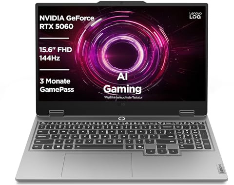 Lenovo LOQ Gaming AI Laptop | 15.6 Full HD 144Hz | NVIDIA GeForce RTX 5060 8GB | AMD Ryzen 7 250 | 16GB RAM | 1TB SSD | Win11 | QWERTZ | Weiss-Beleuchtete Tastatur | Grau | 3 Monate Game Pass