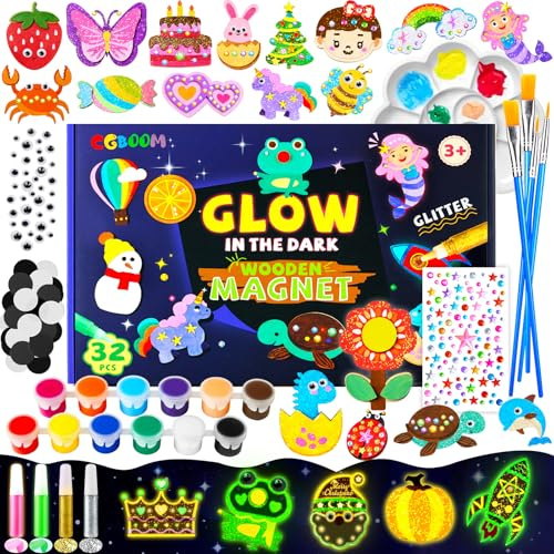 CGBOOM Set de pintura para niños, juego de manualidades para niños de 32 piezas, imanes de nevera con luminiscencia para pintar y manualidades, imanes de madera para pintar, regalo para niñas y niños