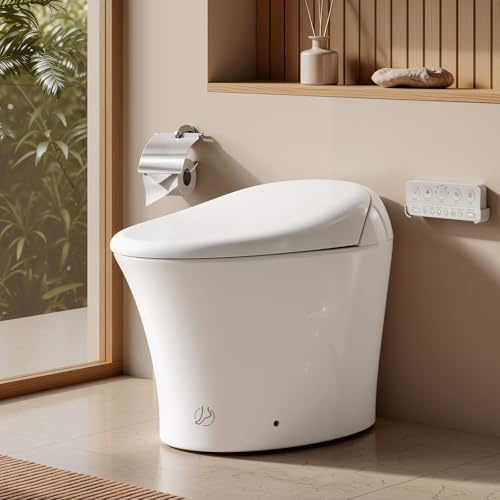 White Artistic Smart Toilet with Powerful Flush,Comfort Height,Instant Warm Water&Dryer,Remote Control,Foot sensor,Auto flush,Heated seat,Night light,Deodorization,Low water pressure requirement