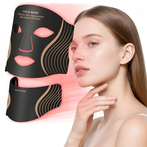 Caossuixin 7 Colour LED Face Mask & Neck Mask, Red Light Masks with Remotes, 3 Intensity * 5 Brightness Levels Adjustable, Electric Light Mask - 309Leds Gift for Rejuvenation & Hydration Home Use