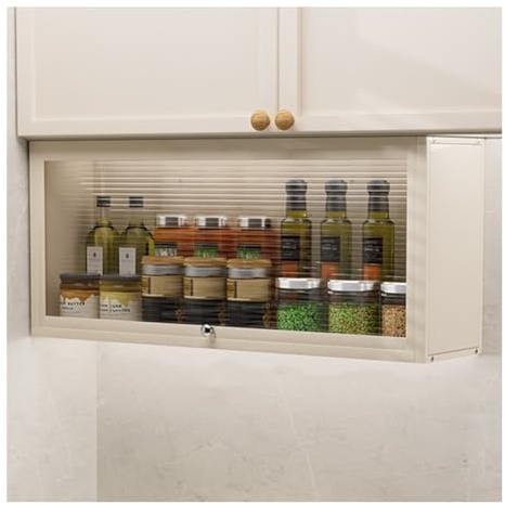 pujindu Mobiletto da Parete in Legno Massello con Anta in Vetro, Contenitore da Cucina A Parete, Portacondimenti per Bagno, Cucina, Balcone(Beige,60x17x30cm)