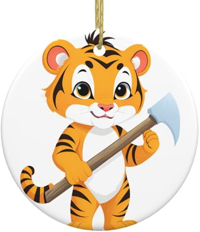 WHJDPP Tiger cub with an Axe Printed Christmas Tree Ceramic Round Pendant - 2.9 in Holiday Decorations