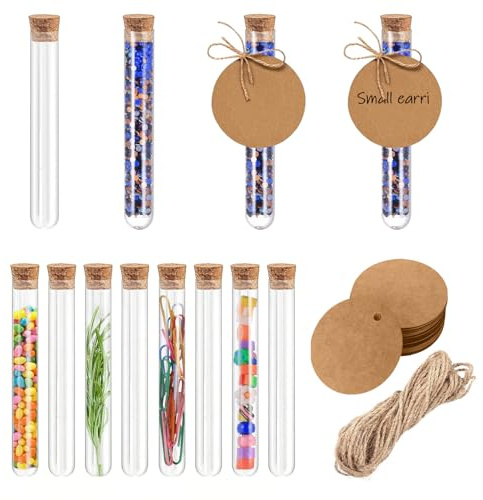 60 Pcs Tube a Essai Plastique, Tube à Essai avec Bouchon Liège, Tubes à Essai en Plastique, Éprouvette Transparent pour Bonbons Echantillon Lab, avec 60 étiquettes en Kraft et Corde de Chanvre
