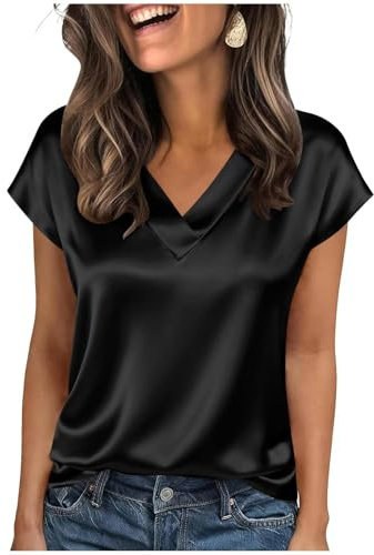 Hauts en satin de soie pour femmes, chemisiers à manches courtes en mousseline de soie, chemises à col en V, couleur unie, t-shirts de bureau
