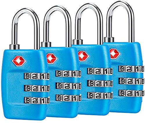 TSA Luggage Locks (4Pack) - 3 Digit Combination Padlocks - Approved Travel Lock for Suitcases & Baggage (Blue)