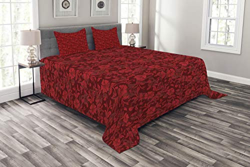 ABAKUHAUS rot Tagesdecke Set, Blumen-Blätter und wirbelt, Set mit Kissenbezügen Waschbar, für Doppelbetten 220 x 220 cm, Rot