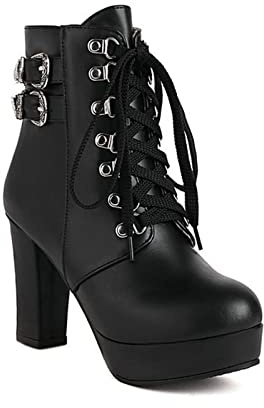 Mujer Botines Moda Punta Redonda Impermeable De Cuero Tacón De Bloque Plataforma Botas Cortas,Negro,37 EU