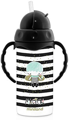 Miniland THERMOKID MAGICAL, Isolierflasche mit Trinkhalm, Isolierflasche mit seitlichen Griffen, schwarz und weiß