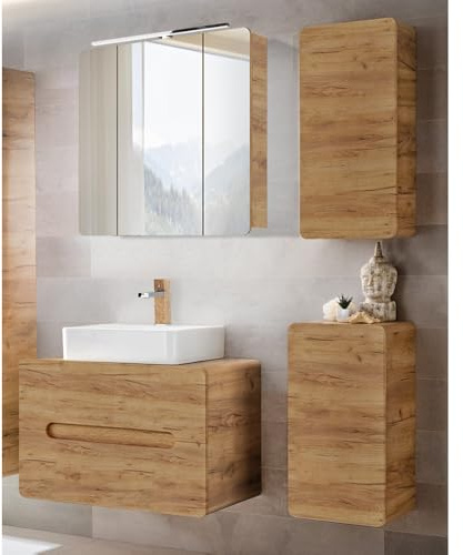 Lomadox Set di mobili da bagno con lavabo da 80 cm e armadietto con specchio a LED, effetto quercia, ca. 130 x 200 x 46 cm