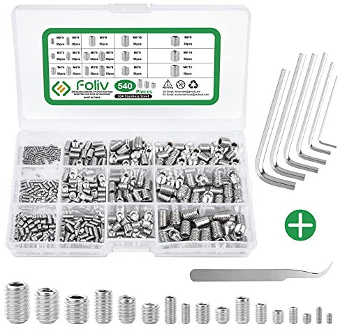 Foliv 540 Stück Madenschrauben, Gewindestifte Set M2 M3 M4 M5 M6 M8, Wurmschraube aus Edelstahl mit Schraubenschlüssel in Aufbewahrungsbox