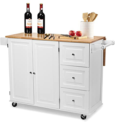 DREAMADE Desserte de Cuisine Roulant avec Plateau de Table Pliable, 3 Compartiments avec Portes, 3 Tiroirs, Chariot de Cuisine de Service avec Étagères à Épices, Porte-Serviette et 4 Roulettes (Blanc)