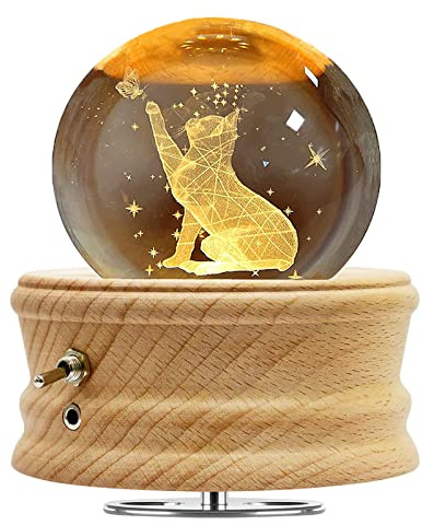Figermoon 3D Crystal Ball Music Box with Projection LED Light and Rotating Wooden Base, Gift for Women, Birthday, Christmas, Valentine's Day, Music Boxes for Women Mom Daughter(Cat)