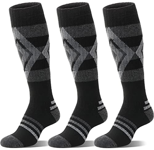 Welwoos Calze da sci lana merino per donne e uomini, calze termiche in lana calda, calze invernali spesse e lunghe, 3 paia (Nero diamante, M)