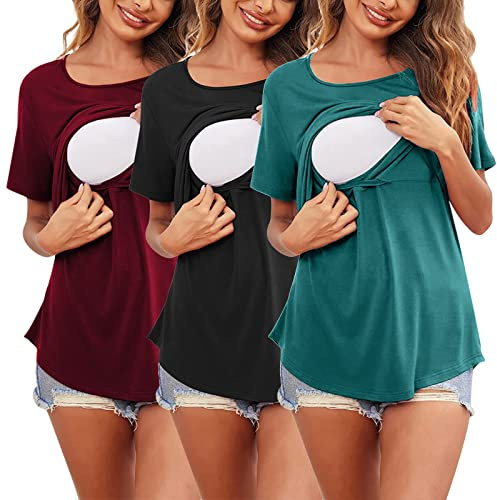 Lot de 3 vêtements de maternité à manches courtes col rond couleur unie tops d'allaitement asymétriques t-shirt pour allaiter gilet de portage, Bordeaux, XXL