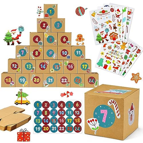 DazSpirit Adventskalender Zum Befüllen, 2025 DIY Adventskalender zum Selbstbefüllen, Weihnachtskalender mit 24 Kartons & Zahlenaufkleber & Aufkleber Weihnachten zum Geschenke Machen