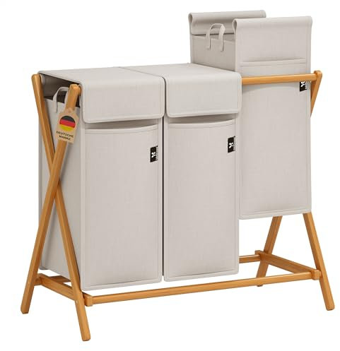 AdelDream Wäschekorb 3 Fächer 150L Bambus Wäschesammler Wäsche Sortiersystem X-förmige Wäschebox laundry baskets Wäschesortierer Hellgrau (150l Hellgrau)