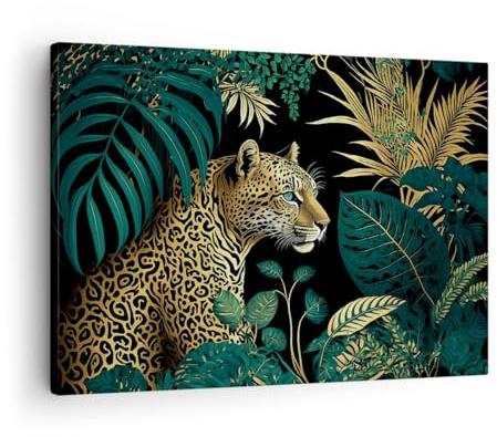 Moderne Impression sur Toile Léopard Jungle Tropical Image Tableau Decoration Murale 70x50cm Deco Cadre Décoration Salon Chambre Cuisine Horizontal Tableaux Decoratifs Muraux Art Wall AA70x50-5720